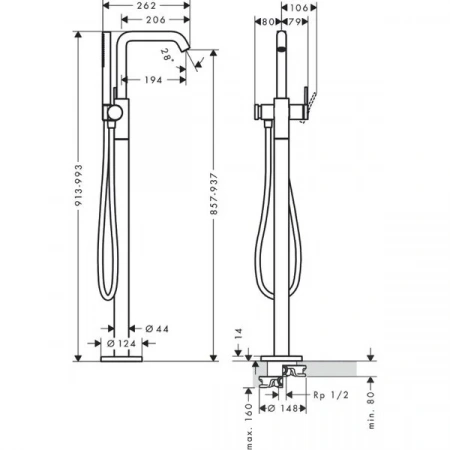 Фото напольный смеситель для ванны hansgrohe tecturis s 73440670