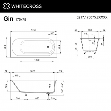 Фото ванна из искусственного камня whitecross gin 175x75 см 0217.175075.2xxxx