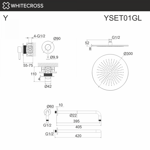 Фото душевой набор со встроенным смесителем и верхним душем whitecross y yset01gl, цвет: золото