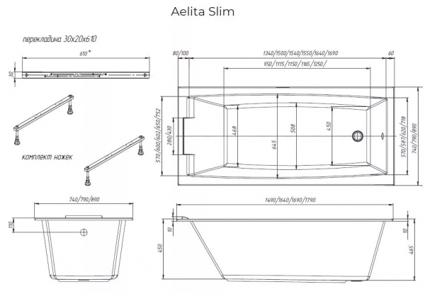 Фото акриловая ванна 1marka aelita 170x75 см slim