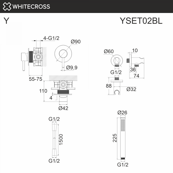 Фото душевой набор со встроенным смесителем и верхним душем whitecross y yset02bl, цвет: черный