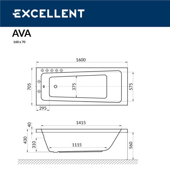 Фото акриловая ванна excellent ava 160x70 см waex.ava16wh