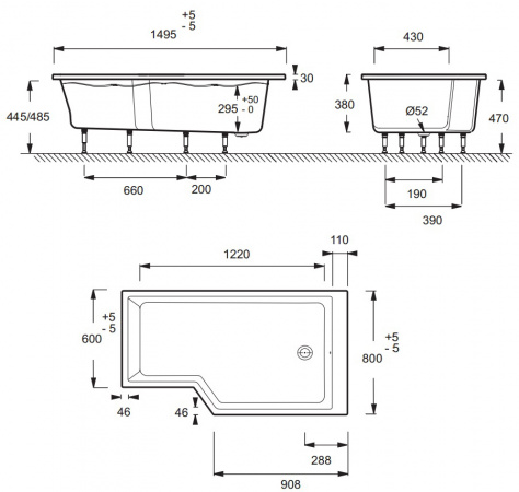 Фото акриловая ванна jacob delafon bain douche neo 150x80 см e6d119l-00 l