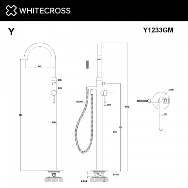Фото напольный смеситель для ванны whitecross y y1233gm, цвет: оружейная сталь