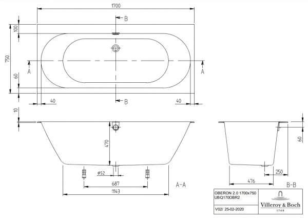 Фото акриловая ванна villeroy & boch oberon 2.0 170x75 см ubq170obr2dv-01