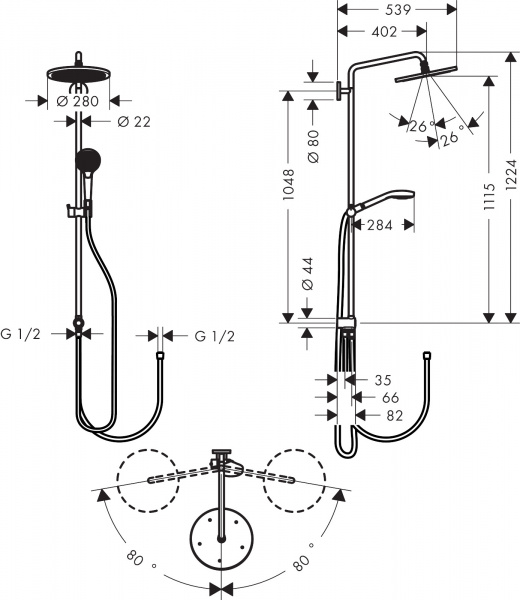 Фото душевая стойка hansgrohe croma select s 280 1jet showerpipe reno 26793000