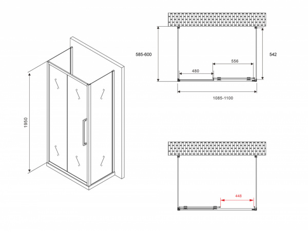 Фото душевое ограждение abber schwarzer diamant ag30110mh-s60m-s60m 110x60 см