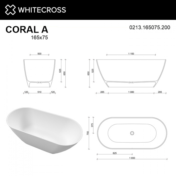 Фото ванна из искусственного камня whitecross coral a 165x75 см 0213.165075.200