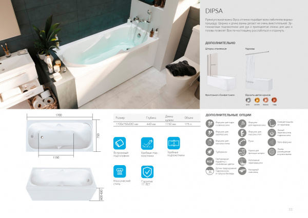 Фото акриловая ванна 1marka dipsa 170x75 см 58119