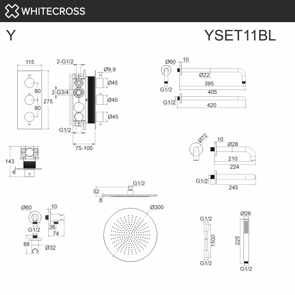 Фото душевой набор со встроенным смесителем и верхним душем whitecross y yset11bl, цвет: черный
