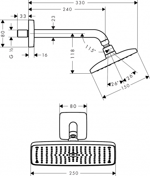 Фото верхний душ с держателем hansgrohe raindance e 240 air 1jet  27370000