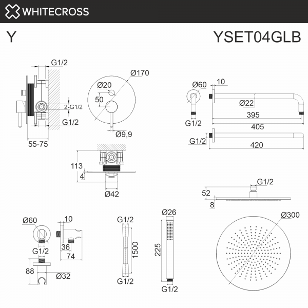 Фото душевой набор со встроенным смесителем и верхним душем whitecross y yset04glb, цвет: золото
