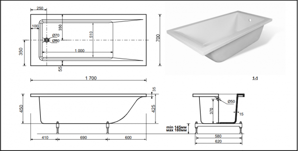Фото ванна из искусственного камня bogema sofix 170 x 70 см vs17070m
