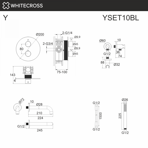 Фото душевой набор со встроенным смесителем и верхним душем whitecross y yset10bl, цвет: черный