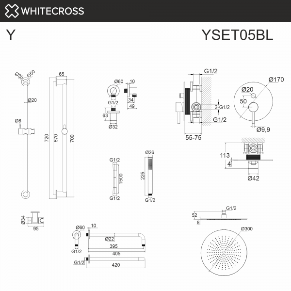 Фото душевой набор со встроенным смесителем и верхним душем whitecross y yset05bl, цвет: черный
