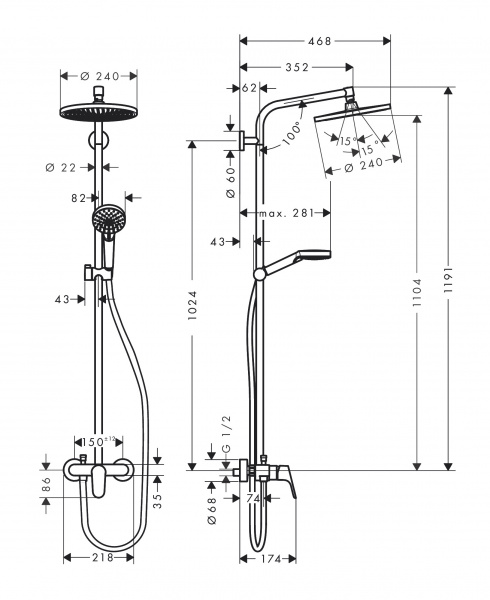 Фото душевая стойка hansgrohe crometta s 240 1jet showerpipe 27269000