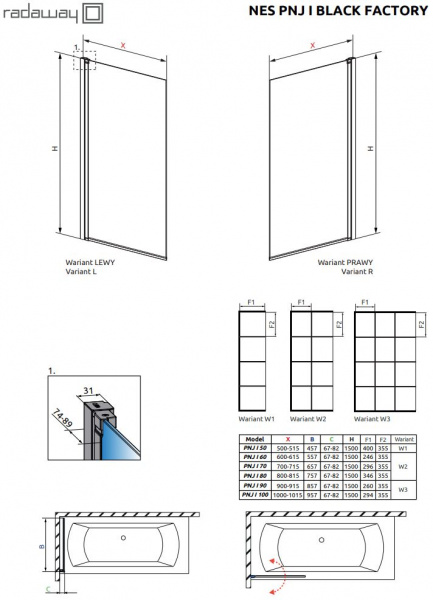 Фото шторка radaway nes black pnj i factory 100 см 10011100-54-55l/r