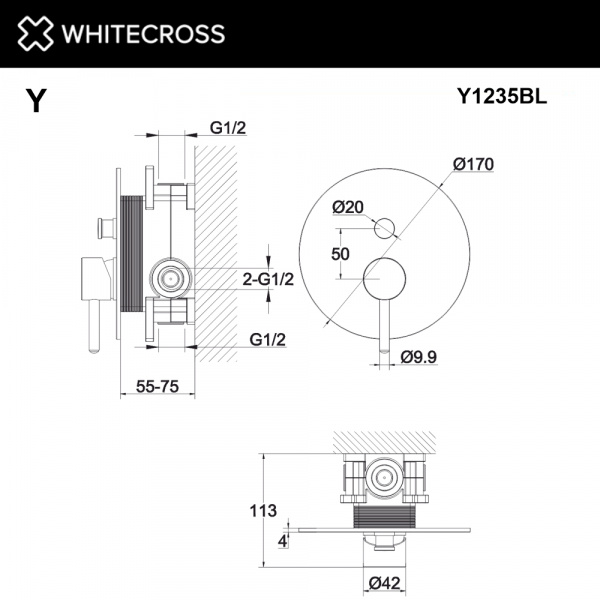 Фото встраиваемый смеситель для душа whitecross y y1235bl, цвет: черный