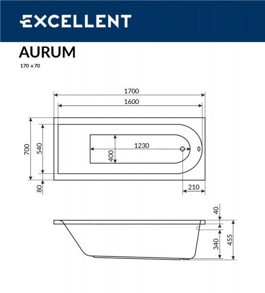 Фото акриловая ванна excellent aurum 170x70 см waex.aur17wh