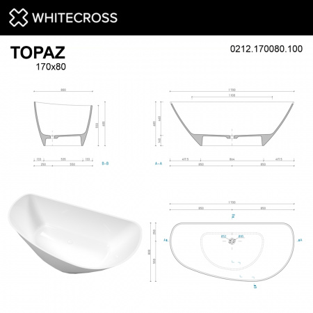Фото ванна из искусственного камня whitecross topaz 170x80 см 0212.170080.100