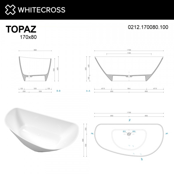 Фото ванна из искусственного камня whitecross topaz 170x80 см 0212.170080.100