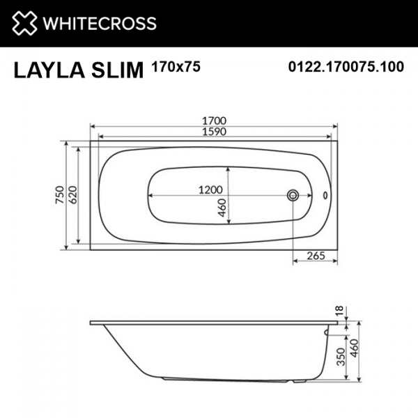 Фото акриловая ванна whitecross layla 170x75 см line nano 0122.170075.100.linenano.cr