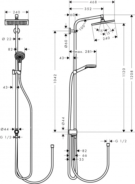 Фото душевая стойка hansgrohe crometta e 240 1jet showerpipe reno ecosmart 27289000