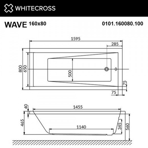 Фото акриловая ванна whitecross wave 160x80 см nano 0101.160080.100.nano.gl