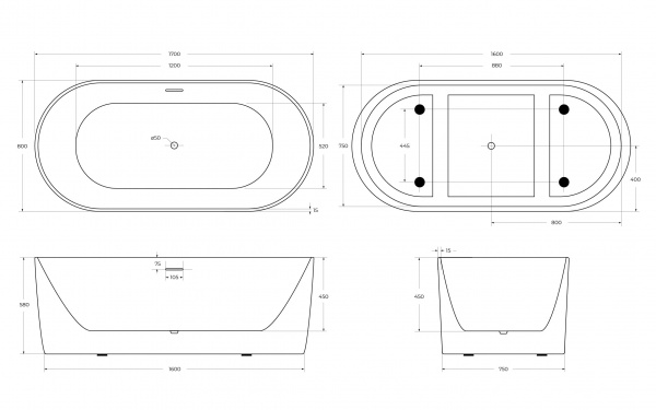 Фото акриловая ванна belbagno bb411-1700-800 170x80 см
