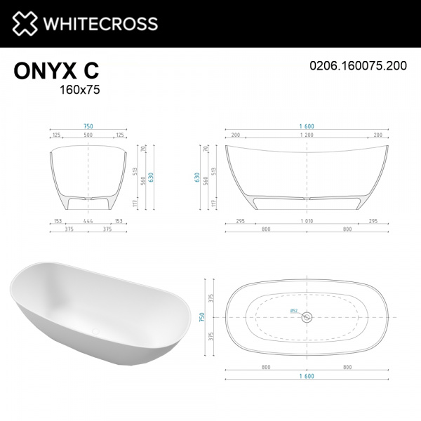 Фото ванна из искусственного камня whitecross onyx c 160x75 см 0206.160075.200