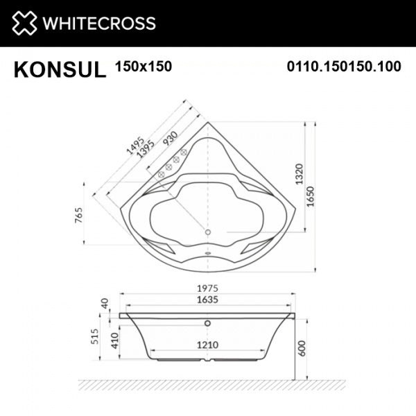 Фото акриловая ванна whitecross konsul 150x150 см 0110.150150.100