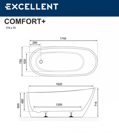 Фото акриловая ванна excellent comfort 175x74 см waex.cmp2.17wh