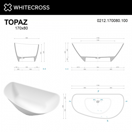 Фото ванна из искусственного камня whitecross topaz 170x80 см 0212.170080.200
