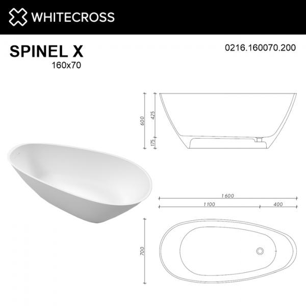 Фото ванна из искусственного камня whitecross spinel x 160x70 см 0216.160070.200