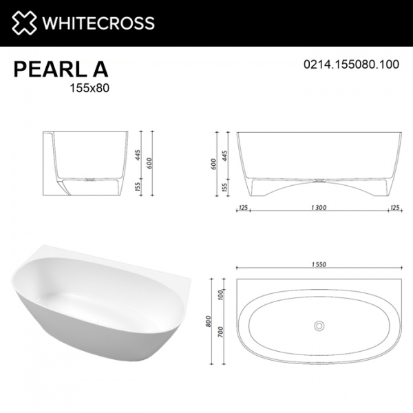 Фото ванна из искусственного камня whitecross pearl a 155x80 см 0214.155080.100