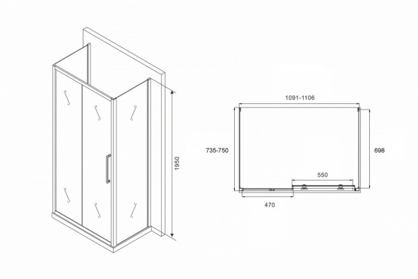 Фото душевое ограждение abber schwarzer diamant 110x75 см ag30110mh-s75m-s75m
