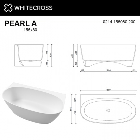 Фото ванна из искусственного камня whitecross pearl a 155x80 см 0214.155080.200