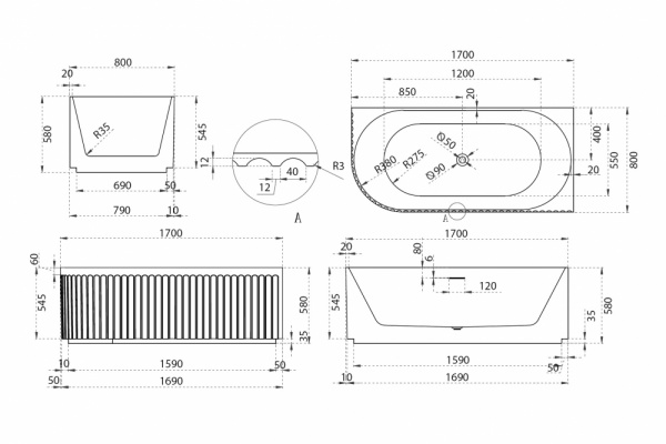 Фото акриловая ванна abber 170x80 см ab9412-1.7 r