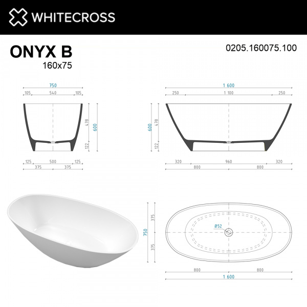 Фото ванна из искусственного камня whitecross onyx b 160x75 см 0205.160075.100