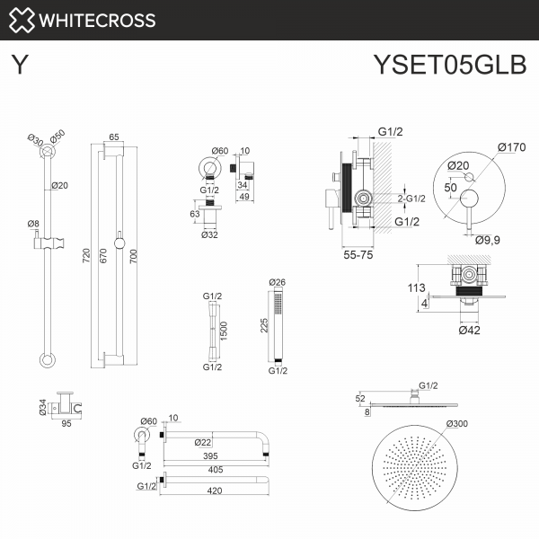 Фото душевой набор со встроенным смесителем и верхним душем whitecross y yset05glb, цвет: золото